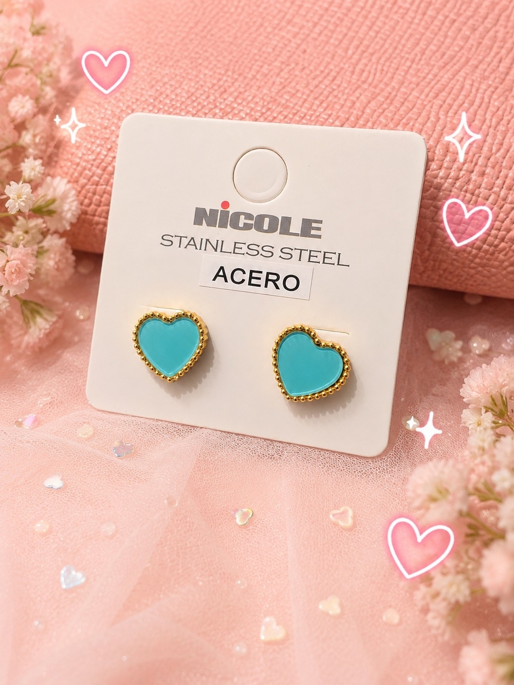 Nicole Gold-Trim Turquoise Stainless Steel Heart Stud Earrings